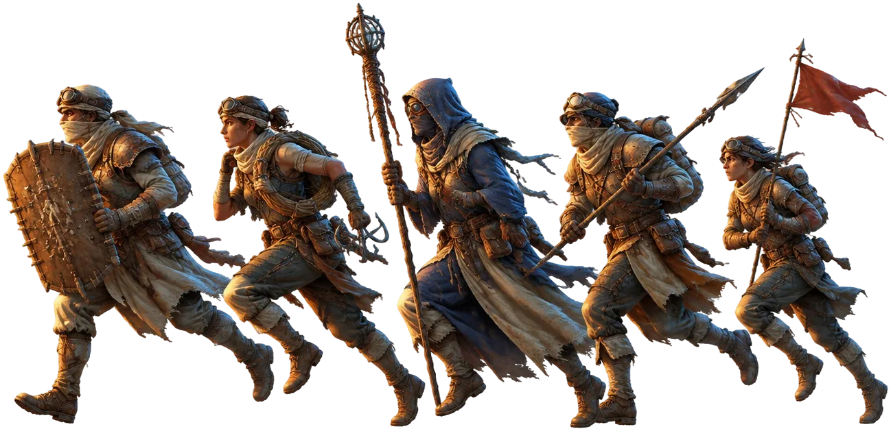 Lima kru guild berlari di depan telapak Strider, setinggi kuku jarinya.